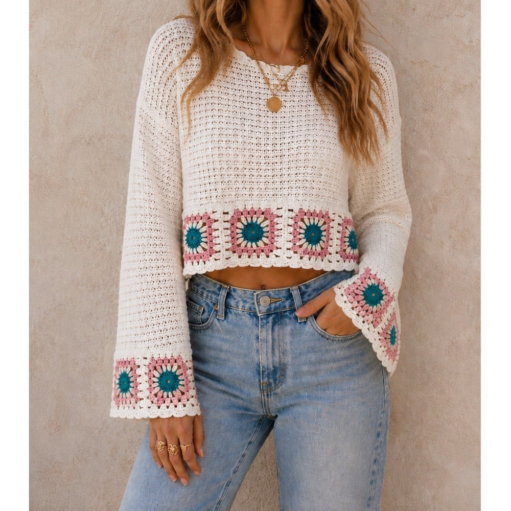Sincerely Jules Crochet Granny Square Sweater Cream Pink Teal Boho Cropped L